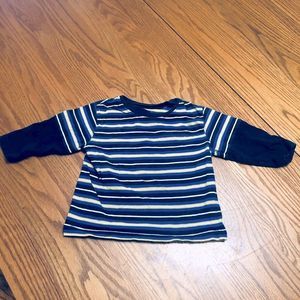 6/$20 Okie Dokie navy blue, white, and yellow striped layered arms shirt 18 mo
